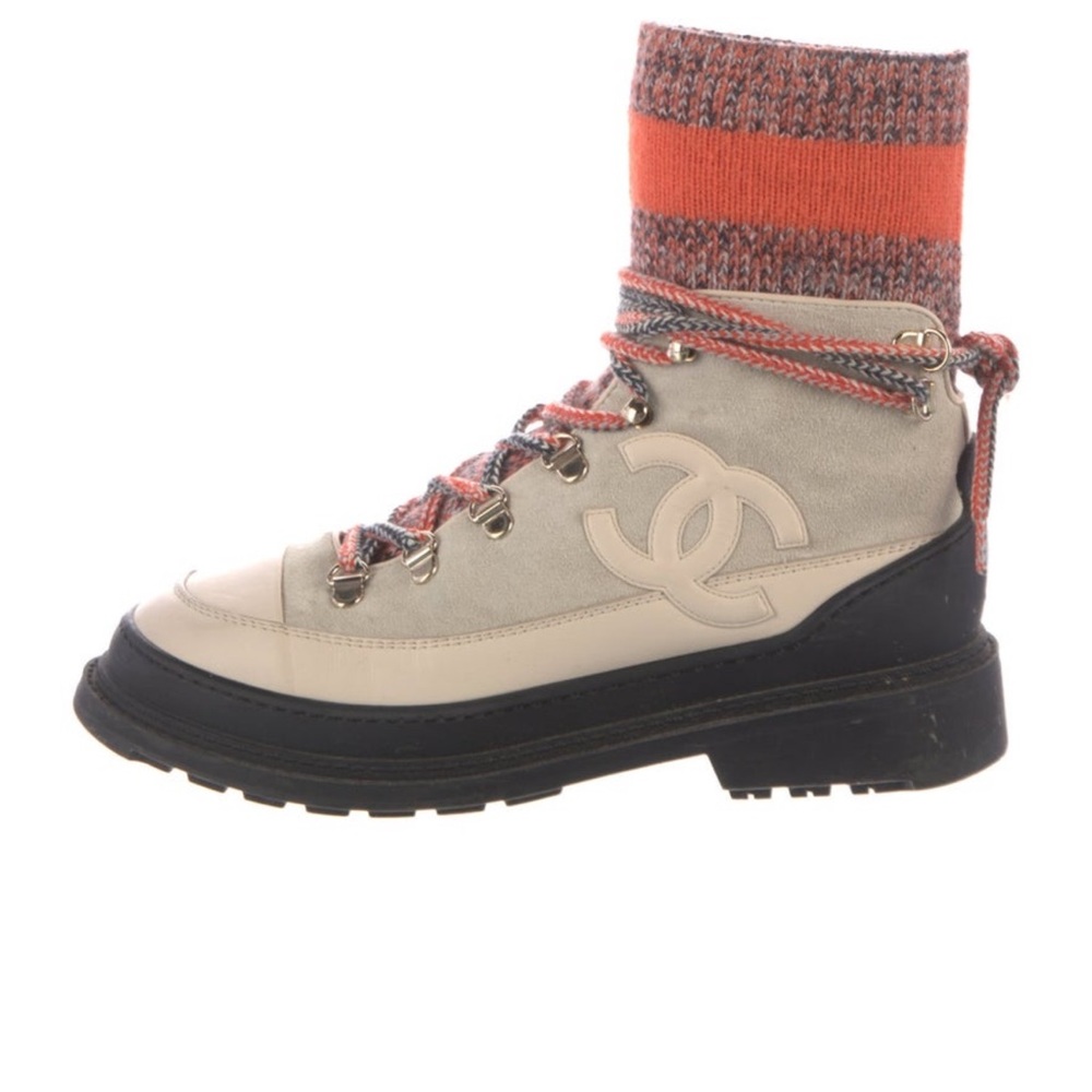CHANEL Beige Leather & Black Lug Sole Combat Boot with Orange Knit Cuff